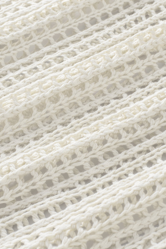 PACK277006-1-2, White Fishnet Knit Ribbed Round Neck Short Sleeve Sweater Tee