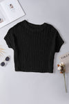 PACK277006-2-2, Black Fishnet Knit Ribbed Round Neck Short Sleeve Sweater Tee