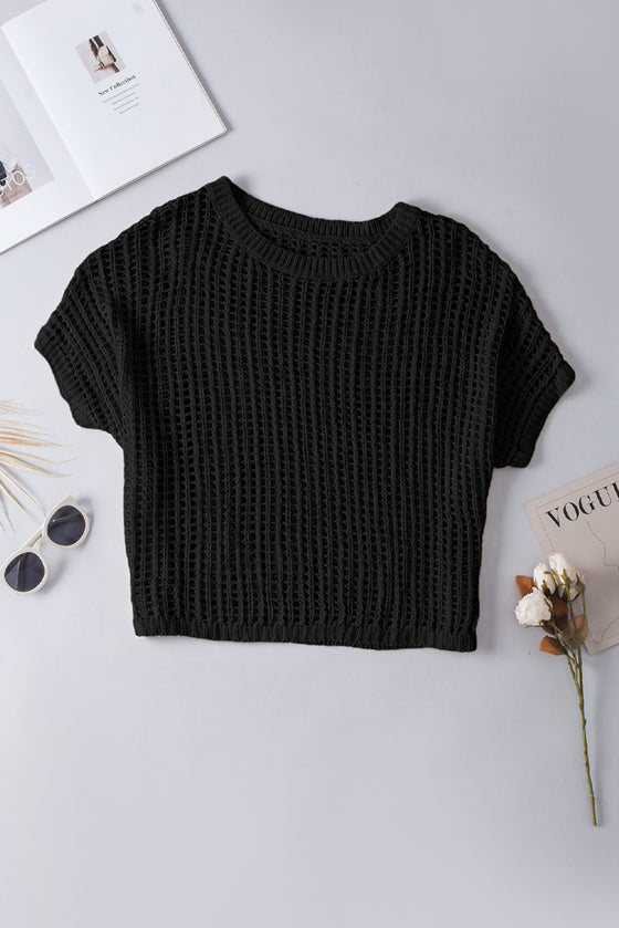 PACK277006-2-2, Black Fishnet Knit Ribbed Round Neck Short Sleeve Sweater Tee