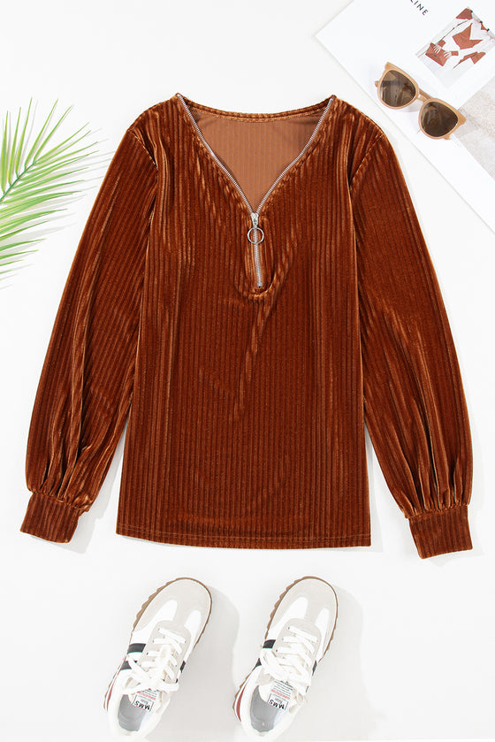 Half Zip V Neck Ribbed Velvet Top