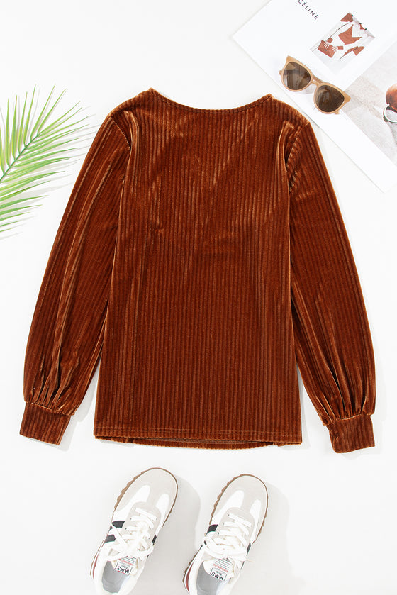 Half Zip V Neck Ribbed Velvet Top