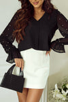 PACK25126304-P2-1, Black Pearl Mesh Flounce Sleeve V Neck Blouse