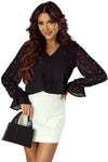 PACK25126304-P2-1, Black Pearl Mesh Flounce Sleeve V Neck Blouse