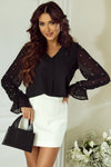 PACK25126304-P2-1, Black Pearl Mesh Flounce Sleeve V Neck Blouse