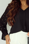 PACK25126304-P2-1, Black Pearl Mesh Flounce Sleeve V Neck Blouse