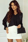 PACK25126304-P2-1, Black Pearl Mesh Flounce Sleeve V Neck Blouse