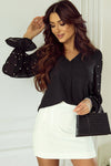 PACK25126304-P2-1, Black Pearl Mesh Flounce Sleeve V Neck Blouse