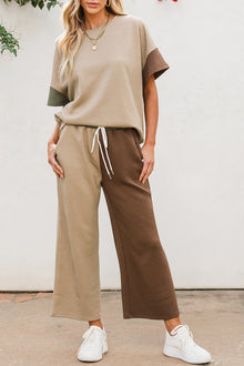  PACK625447-P1622-1, Multicolor Colorblock Textured Tee Cropped Wide Leg Pants Set
