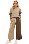 PACK625447-P1622-1, Multicolor Colorblock Textured Tee Cropped Wide Leg Pants Set