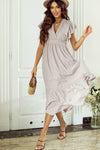 PACK6119236-P1015-1, Oatmeal Lace V Neck Ruffled Sleeve Empire Waist Dress