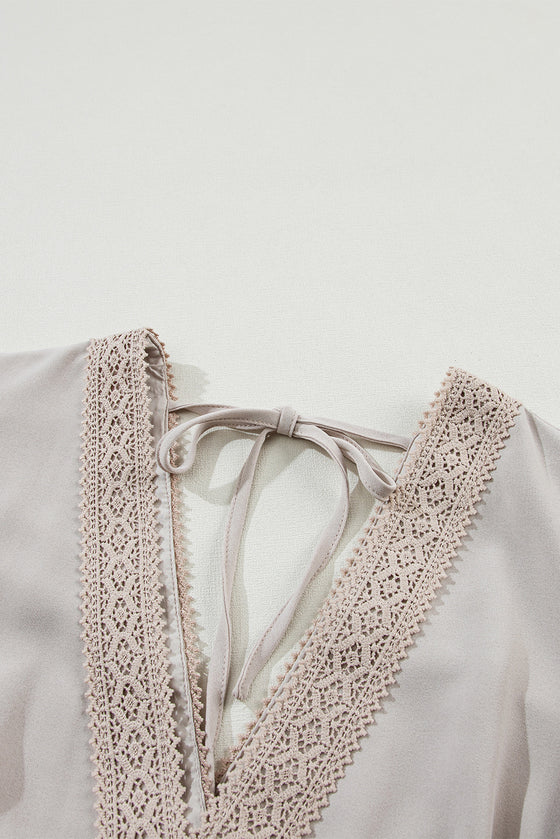 PACK6119236-P1015-1, Oatmeal Lace V Neck Ruffled Sleeve Empire Waist Dress