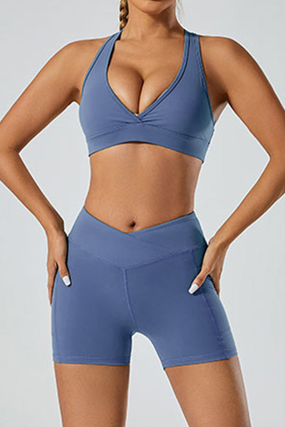 PACK264750-P5-1, Dark Blue Racer Back Halter Neck V Neck Active Sports Bra