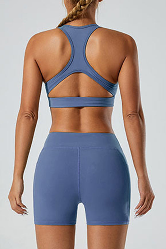 PACK264750-P5-1, Dark Blue Racer Back Halter Neck V Neck Active Sports Bra