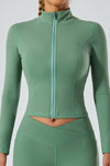 PACK264751-P509-1, Mist Green Exposed Seam Stand Neck Zip up Long Sleeve Sports Top