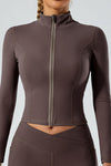 PACK264751-P7017-1, Chicory Coffee Exposed Seam Stand Neck Zip up Long Sleeve Sports Top