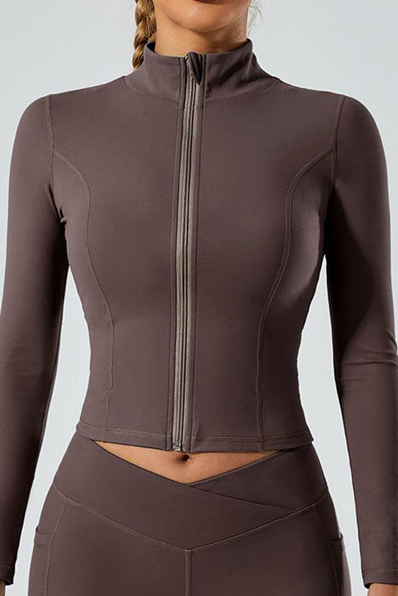 PACK264751-P7017-1, Chicory Coffee Exposed Seam Stand Neck Zip up Long Sleeve Sports Top