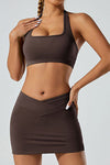 PACK265521-P7017-1, Chicory Coffee Solid Color Arched Waist Mini Sports Skirt