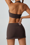 PACK265521-P7017-1, Chicory Coffee Solid Color Arched Waist Mini Sports Skirt