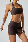 PACK265521-P7017-1, Chicory Coffee Solid Color Arched Waist Mini Sports Skirt