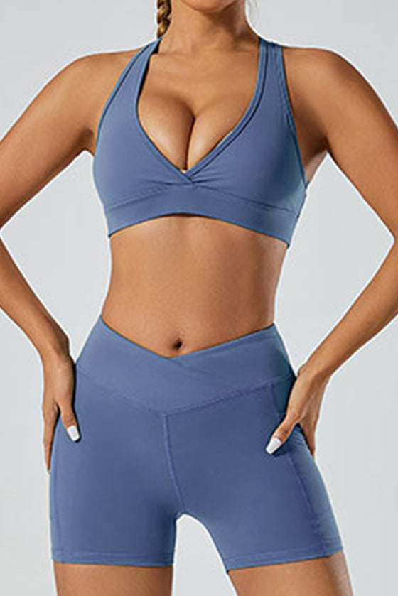 PACK265522-P5-1, Dark Blue Solid Color Arched Waist Quick Dry Sports Shorts