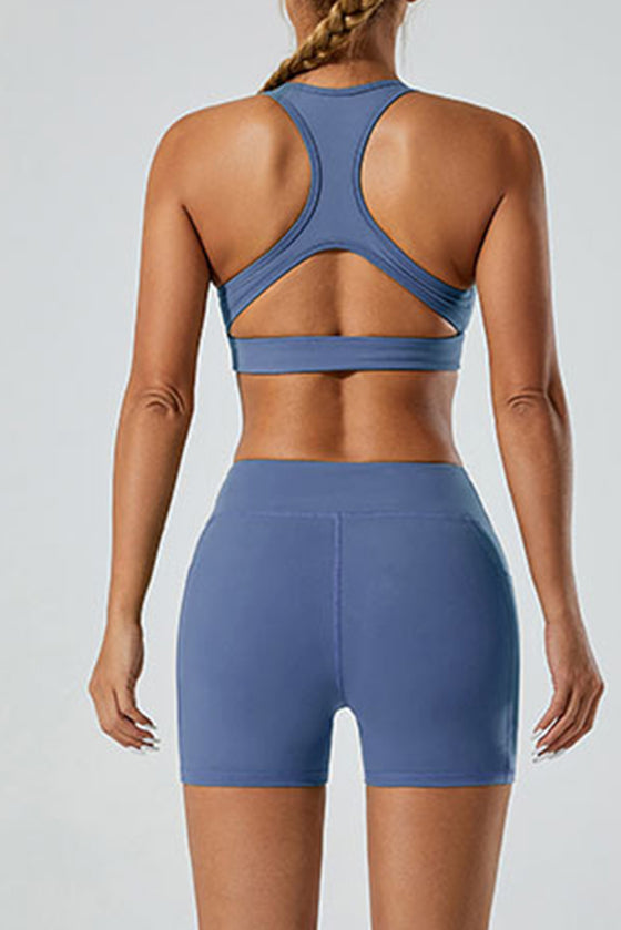 PACK265522-P5-1, Dark Blue Solid Color Arched Waist Quick Dry Sports Shorts