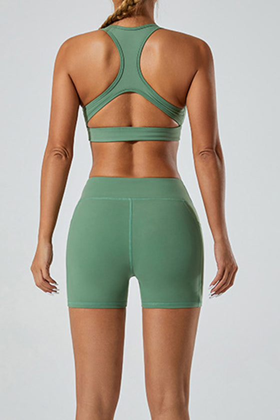 PACK265522-P509-1, Mist Green Solid Color Arched Waist Quick Dry Sports Shorts