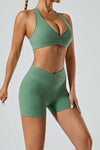 PACK265522-P509-1, Mist Green Solid Color Arched Waist Quick Dry Sports Shorts