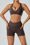PACK265522-P7017-1, Chicory Coffee Solid Color Arched Waist Quick Dry Sports Shorts
