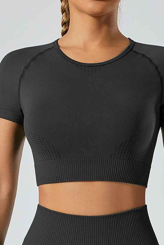 PACK2611615-P2-1, Black Breathable Mesh Ribbed High Waist Cropped Yoga Set