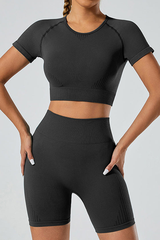 PACK2611615-P2-1, Black Breathable Mesh Ribbed High Waist Cropped Yoga Set