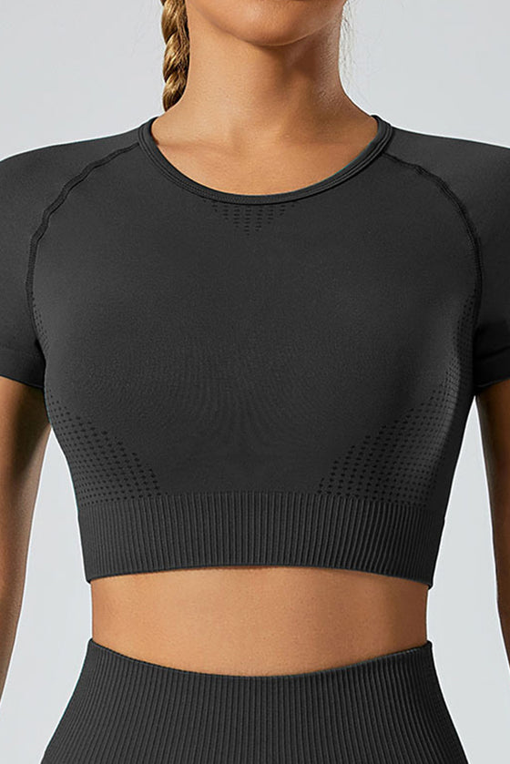 PACK2611615-P2-1, Black Breathable Mesh Ribbed High Waist Cropped Yoga Set
