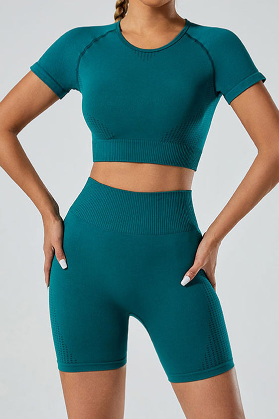 PACK2611615-P805-1, Blue Sapphire Breathable Mesh Ribbed High Waist Cropped Yoga Set