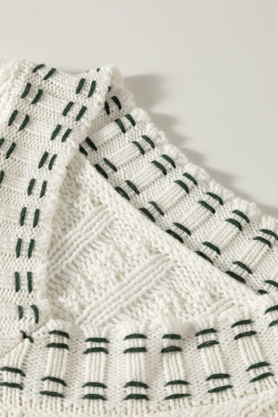 PACK276236-P1-1, White Contrast Trim V Neck Cable Knit Sweater Vest