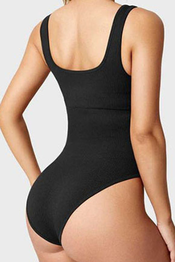 PACK262259-P2-1, Black Solid Wide Straps U-Neck Sporty Bodysuit