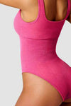PACK262259-P106-1, Bright Pink Solid Wide Straps U-Neck Sporty Bodysuit