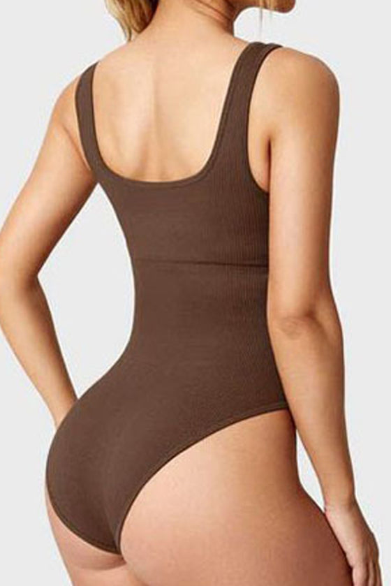 PACK262259-P2017-1, Chestnut Solid Wide Straps U-Neck Sporty Bodysuit