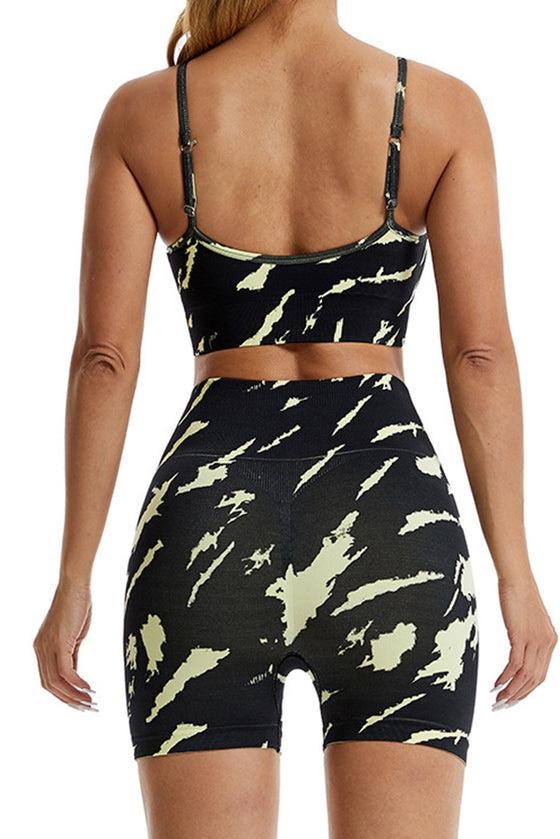 PACK2611620-P220-1, Black Camo Print Bra and High Waist Shorts Yoga Set