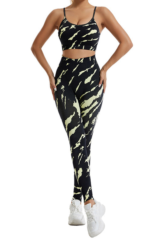PACK2611621-P220-1, Black Camo Print Thin Straps Bra and Leggings Yoga Set