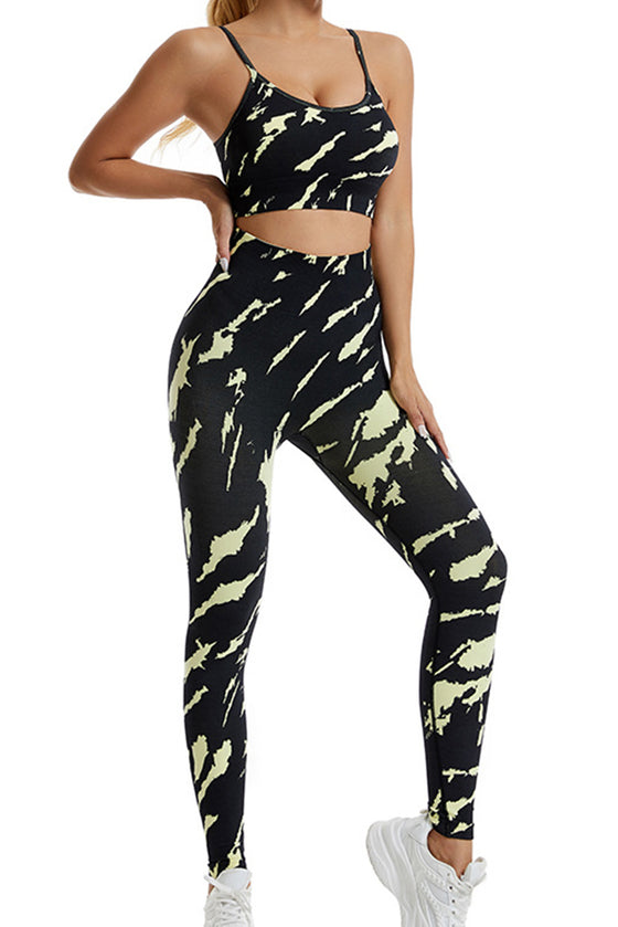 PACK2611621-P220-1, Black Camo Print Thin Straps Bra and Leggings Yoga Set