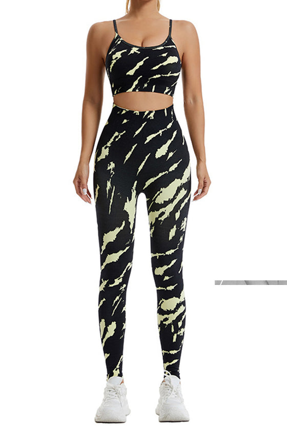 PACK2611621-P220-1, Black Camo Print Thin Straps Bra and Leggings Yoga Set