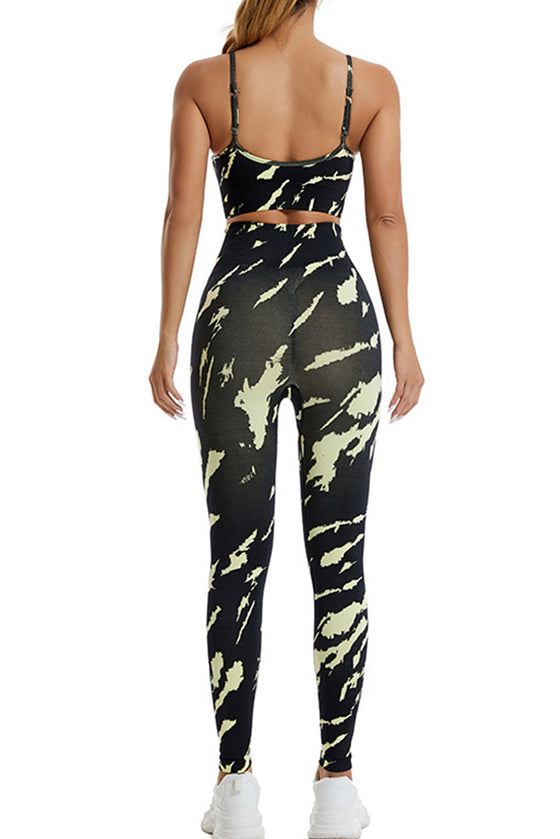 PACK2611621-P220-1, Black Camo Print Thin Straps Bra and Leggings Yoga Set