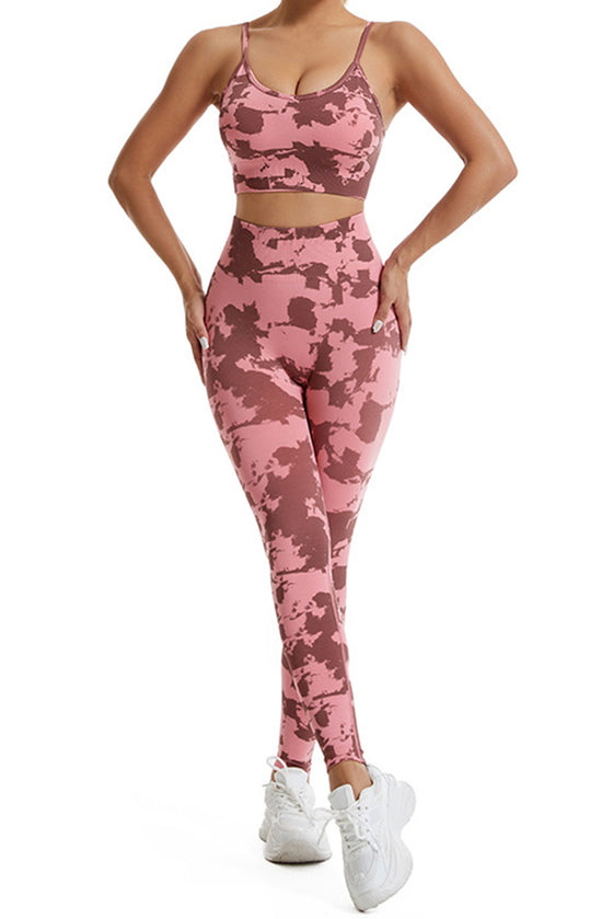 PACK2611621-P1022-1, Pink Camo Print Thin Straps Bra and Leggings Yoga Set
