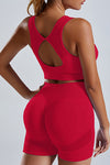 PACK2611622-P3-1, Fiery Red Cutout Back U Neck Bra and Shorts Athletic Set