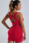 PACK2611622-P3-1, Fiery Red Cutout Back U Neck Bra and Shorts Athletic Set