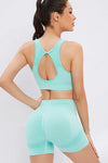 PACK2611622-P1009-1, Mint Green Cutout Back U Neck Bra and Shorts Athletic Set