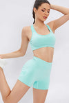 PACK2611622-P1009-1, Mint Green Cutout Back U Neck Bra and Shorts Athletic Set