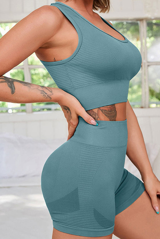 PACK2611624-P509-1, Mist Green 2pcs Criss Cross Bra and High Waist Shorts Workout Set