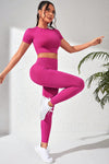 PACK2611626-P6-1, Rose Red Short Sleeve Crop Top and Sports Leggings Workout Set