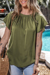 PACK25126109-P609-1, Jungle Green Pleated Flutter Sleeve Satin Top