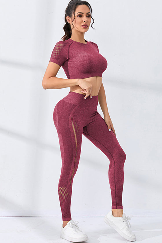 PACK2611627-P403-1, Red Dahlia 2pcs Crop Top and Sports Leggings Workout Set